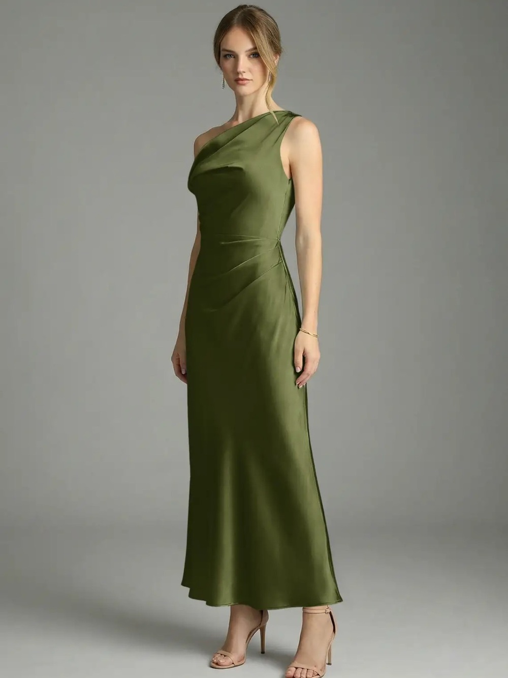 Azazie One-Shoulder Olive Satin Evening Gown - Picture 5 of 7
